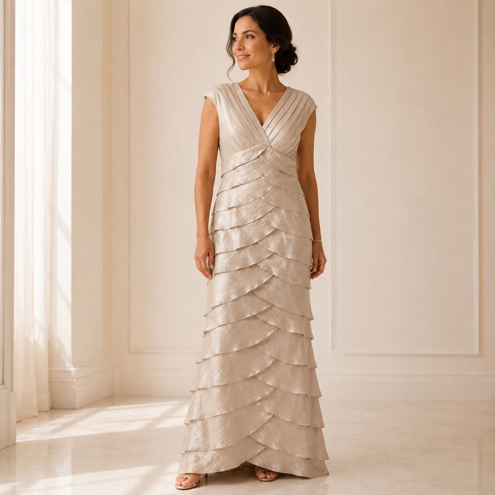 Adrianna Papell Occasions Champagne Tiered Ruffle Formal Gown Dress 8P